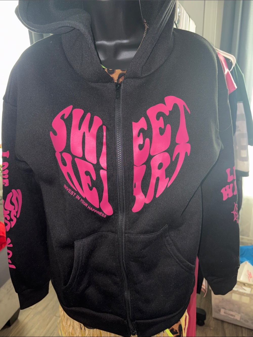 Shein black Zip-Up Hoodie with Pink "SWEET HEART" Graphic medium